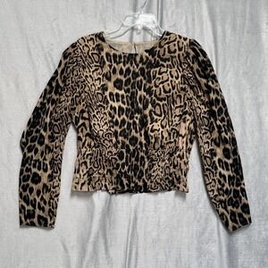 Express Blouse Womens Large Leopard Print Smocked‎ Peplum Waist Long Sleeve